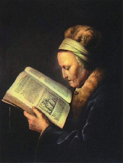 Gerrit Dou Portrait of an old woman reading oil painting picture